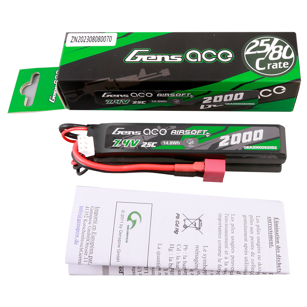 Gens ace Airsoft 2000mAh 2S batterie lipo Saddle Deans