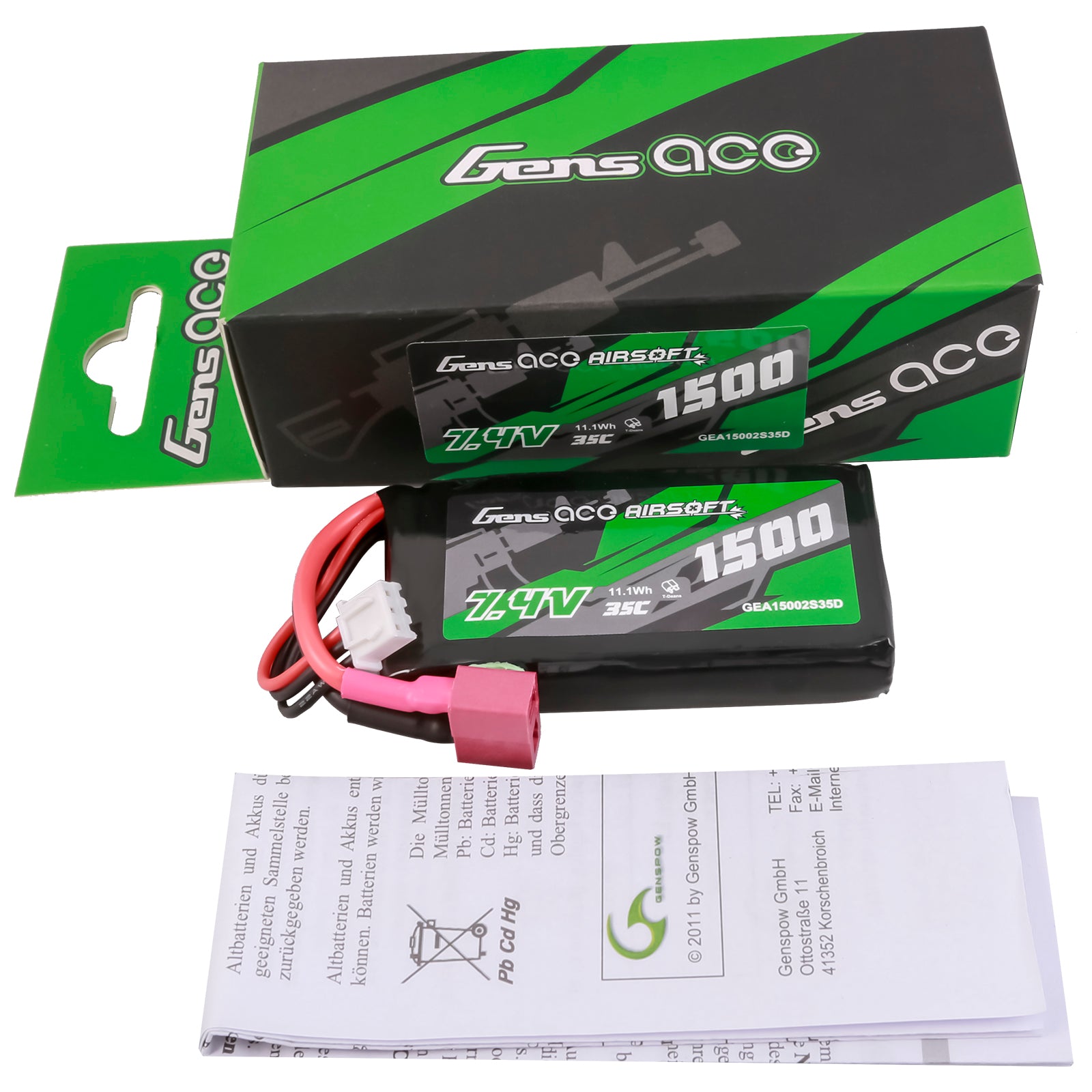 Gens Ace Airsoft Battery 1500mAh 2S 35C 7.4V batterie lipo Deans