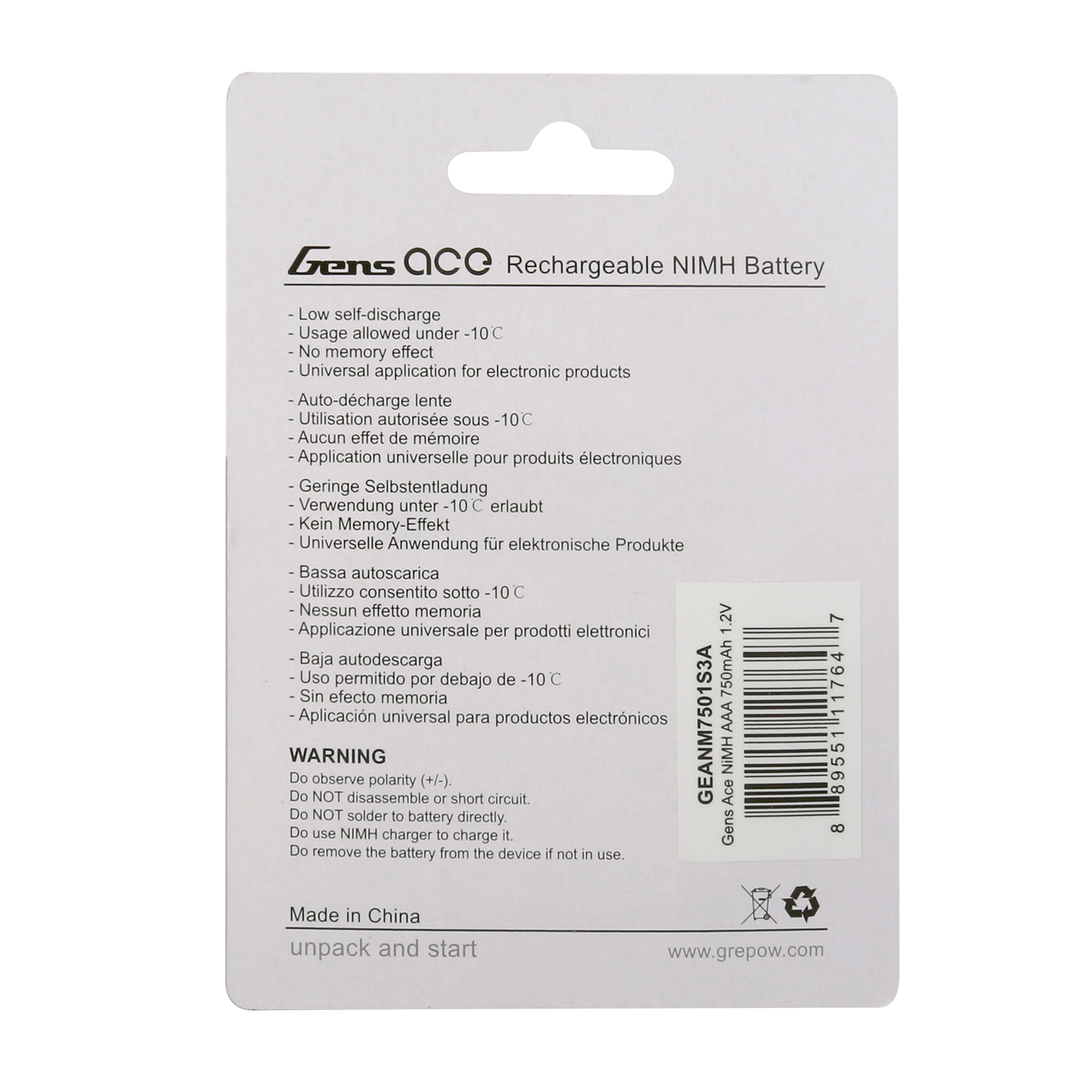 Gens Ace 750mAh AAA batterie NiMH 1,2V lot 4 Mini-Z