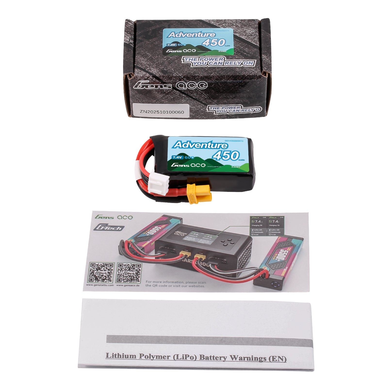 Gens Ace Adventure 450mAh 2S batterie LiPo 7.4V 60C XT30