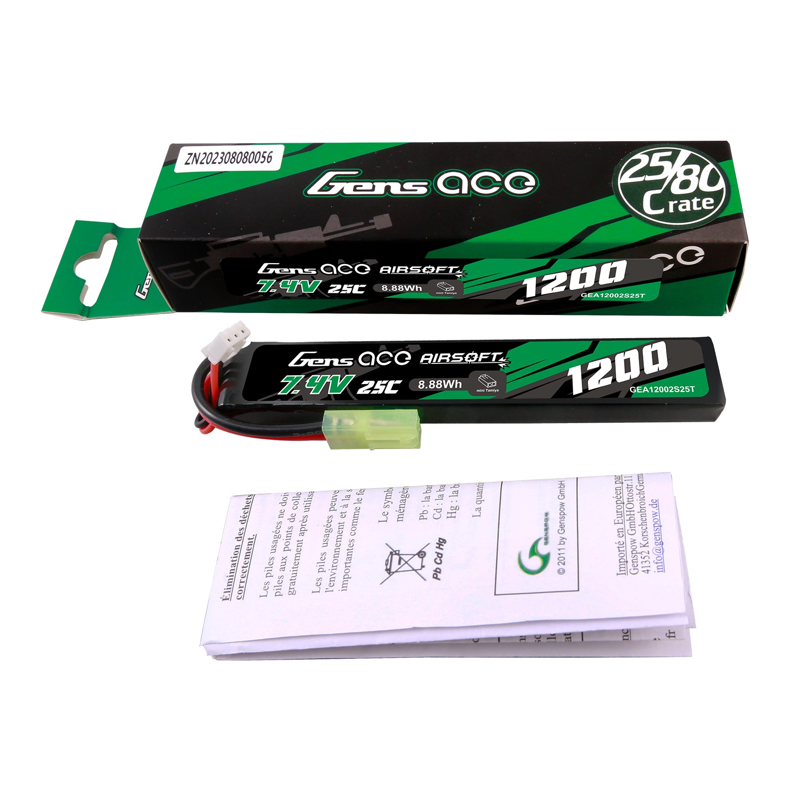 Gens Ace Airsoft 1200mAh 2S 25C batterie LiPo 7.4V Tamiya