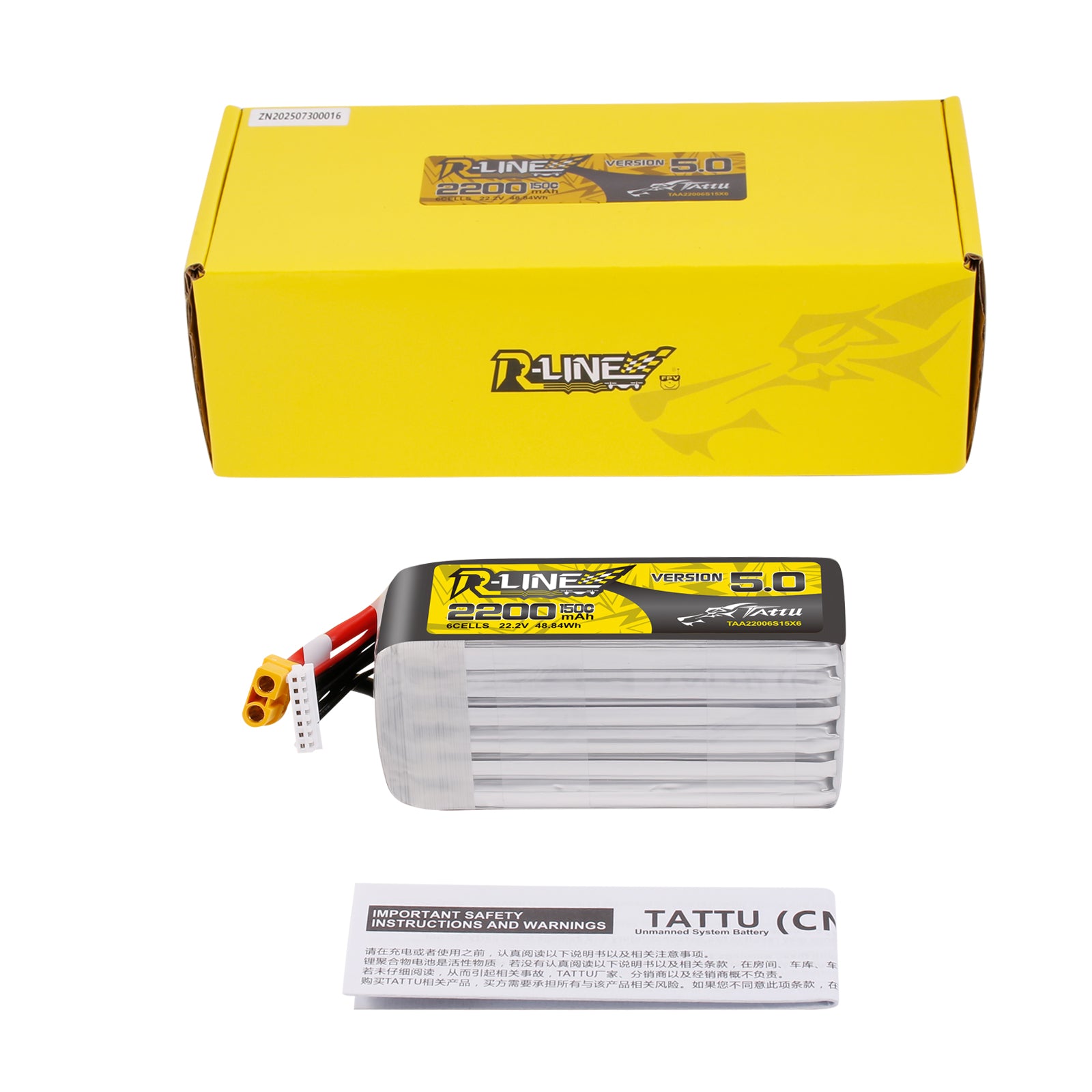 Tattu R-Line 5.0 2200mAh 6S 150C batterie LiPo XT60 7"