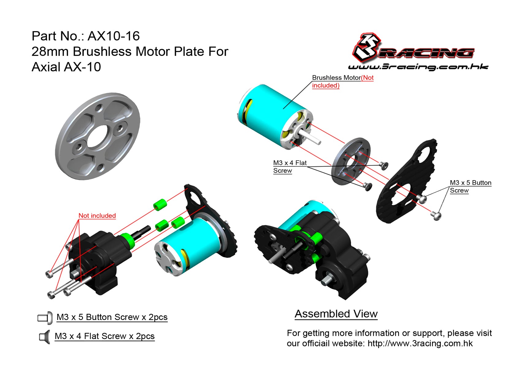 3Racing For Axial AX10-16 plaque moteur 28mm brushless