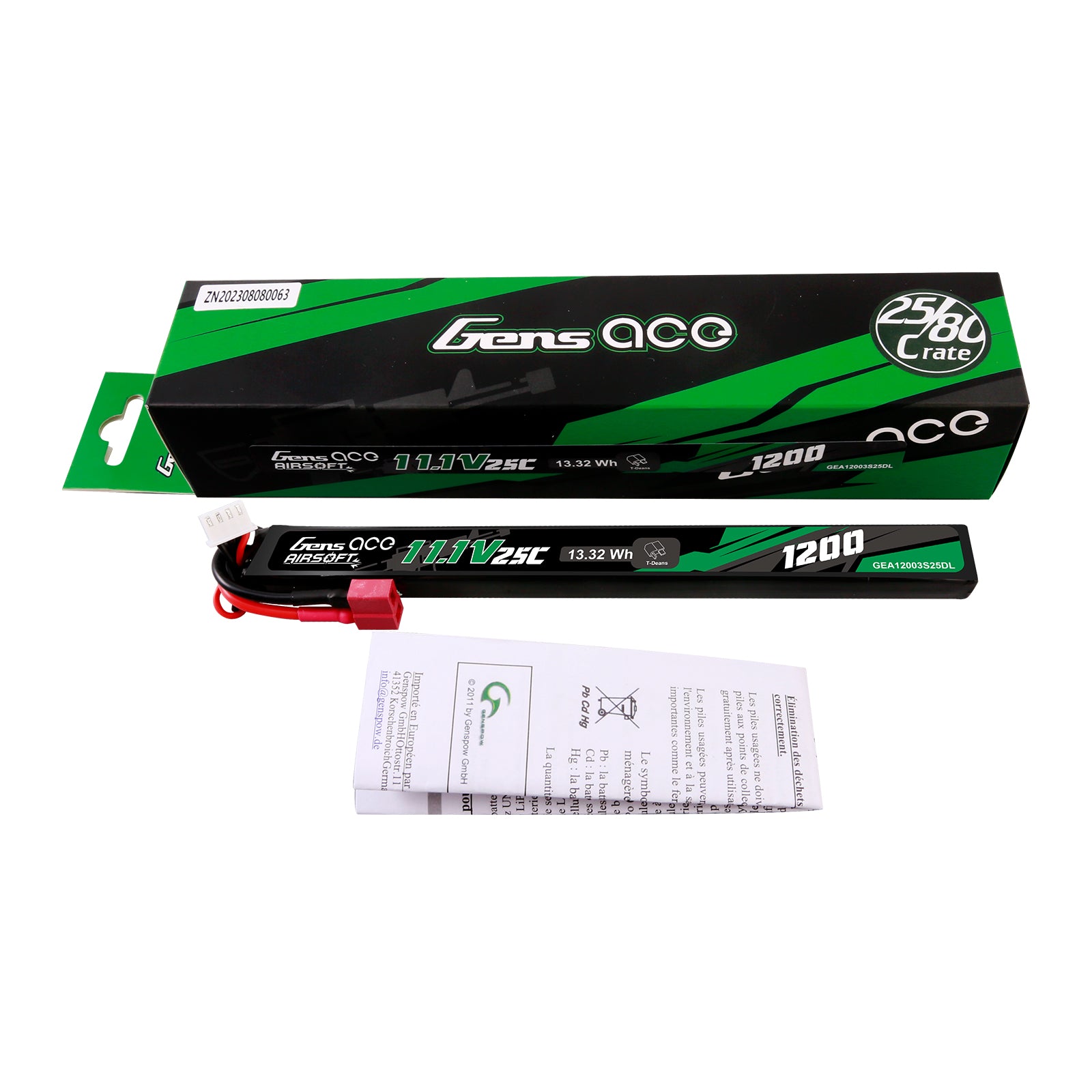 Gens Ace Airsoft 1200mAh 3S batterie LiPo 25C Deans long