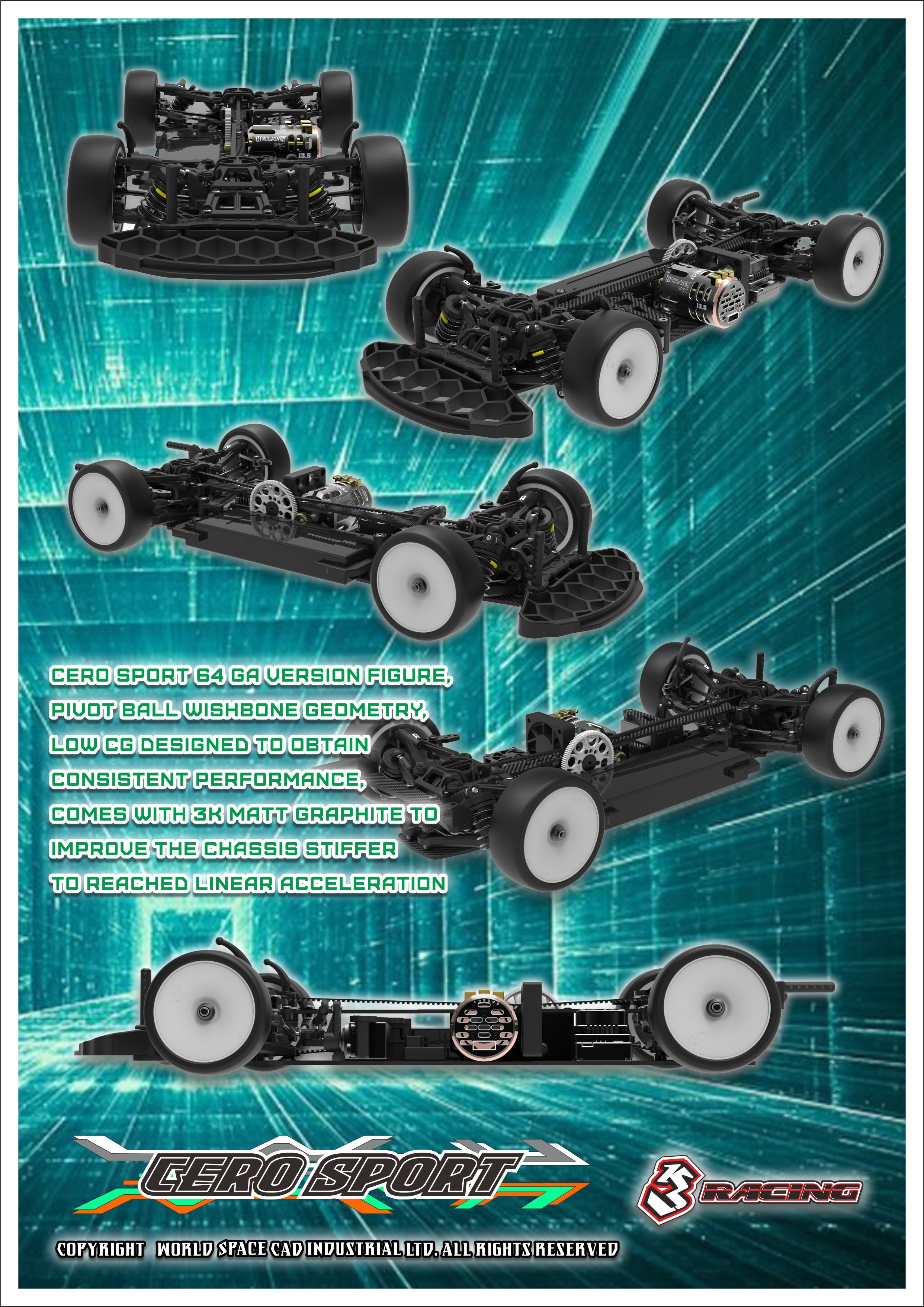3Racing Cero Sport 55 châssis touring 1/10 graphite mat