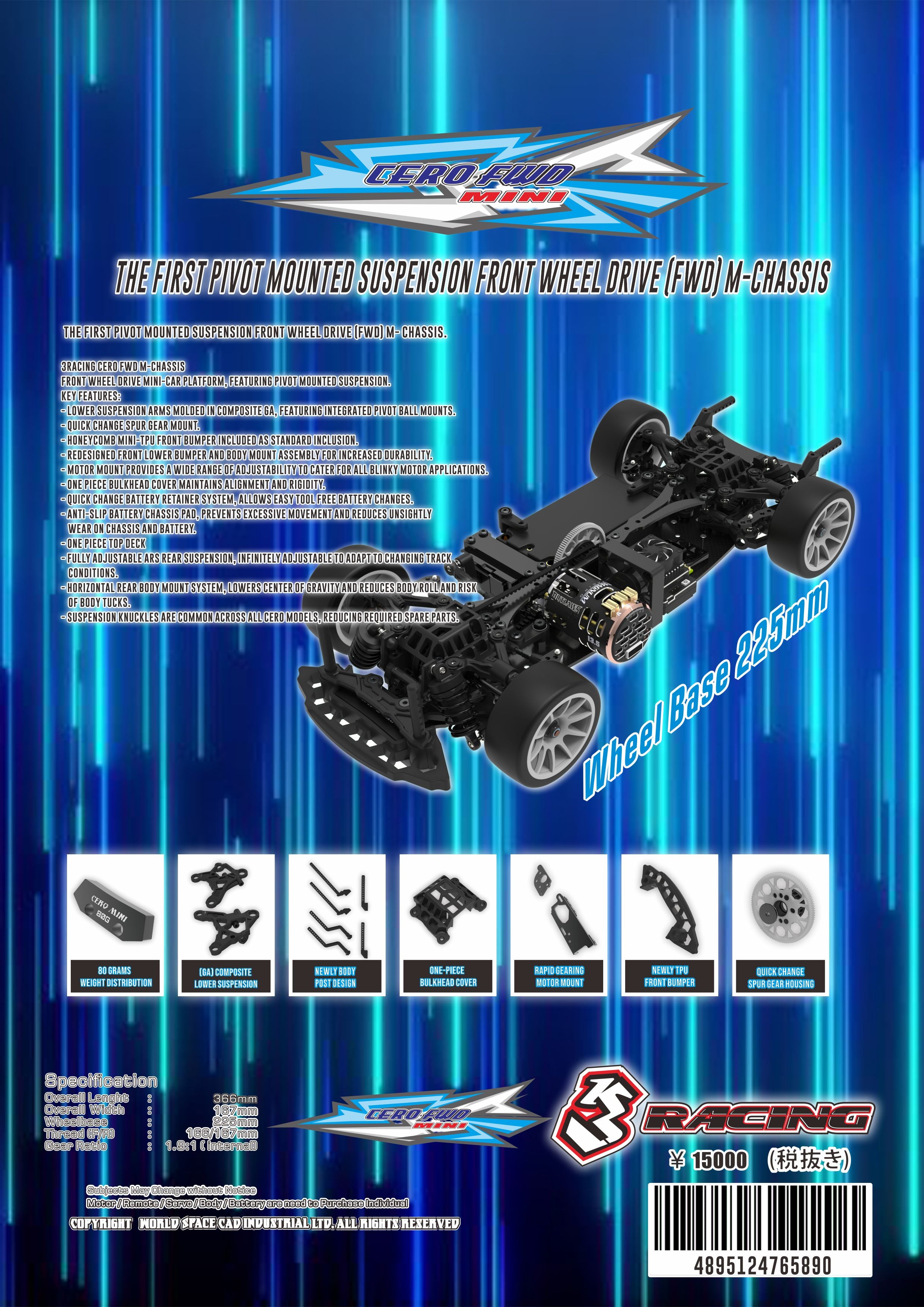 3Racing Cero Sport M-FWD kit voiture RC traction 225mm