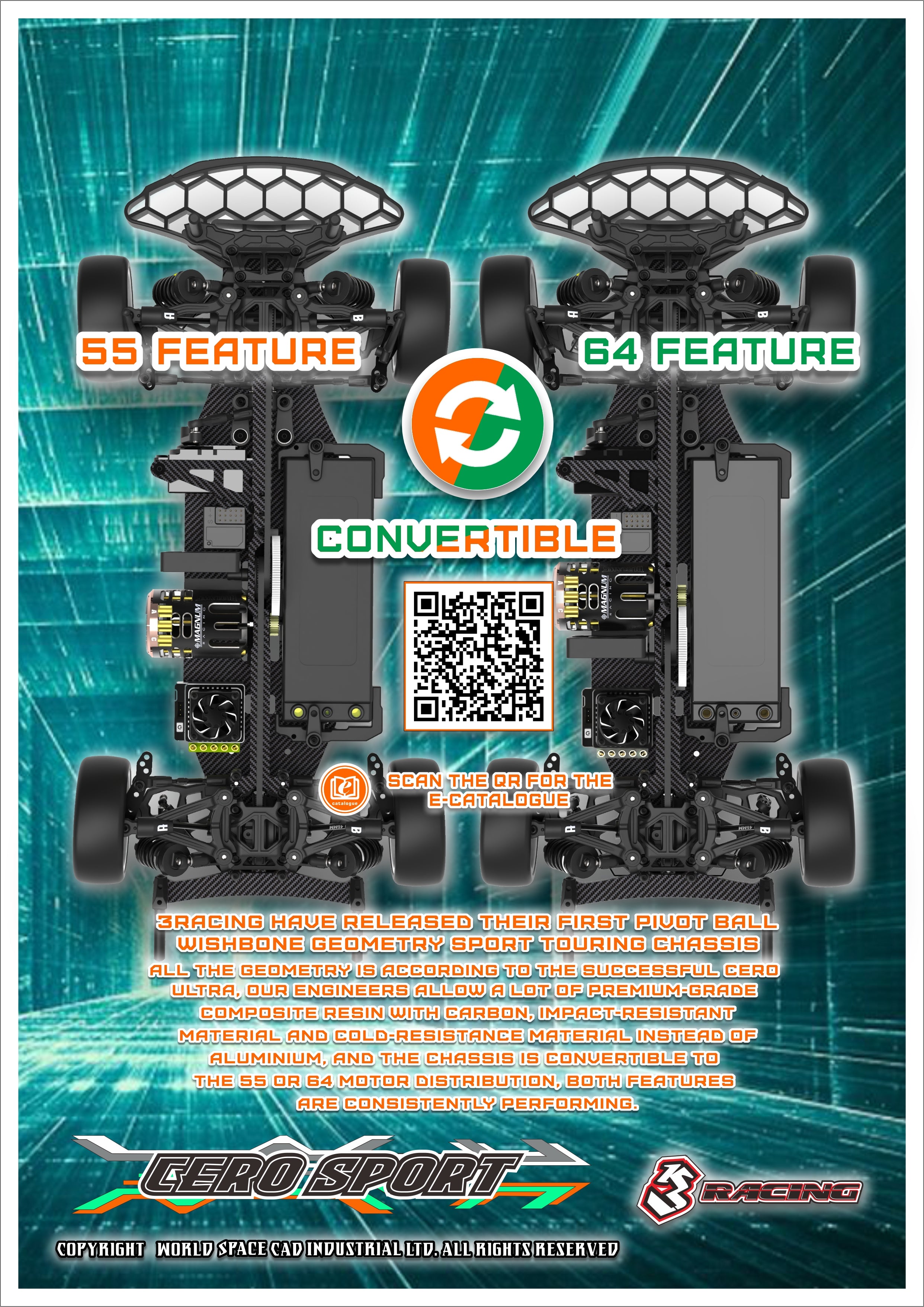 3Racing Cero Sport 55 châssis touring 1/10 graphite mat