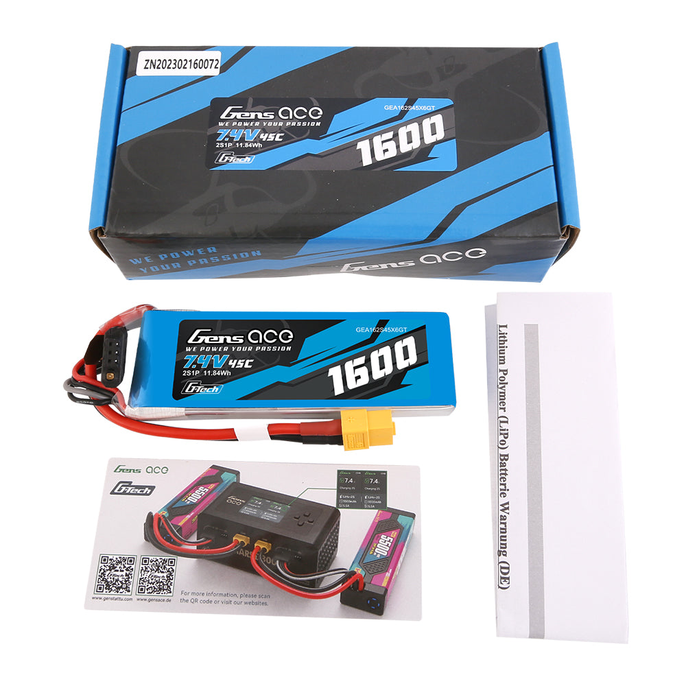 Gens Ace Car Classic 1600mAh 2S 45C batterie LiPo XT60