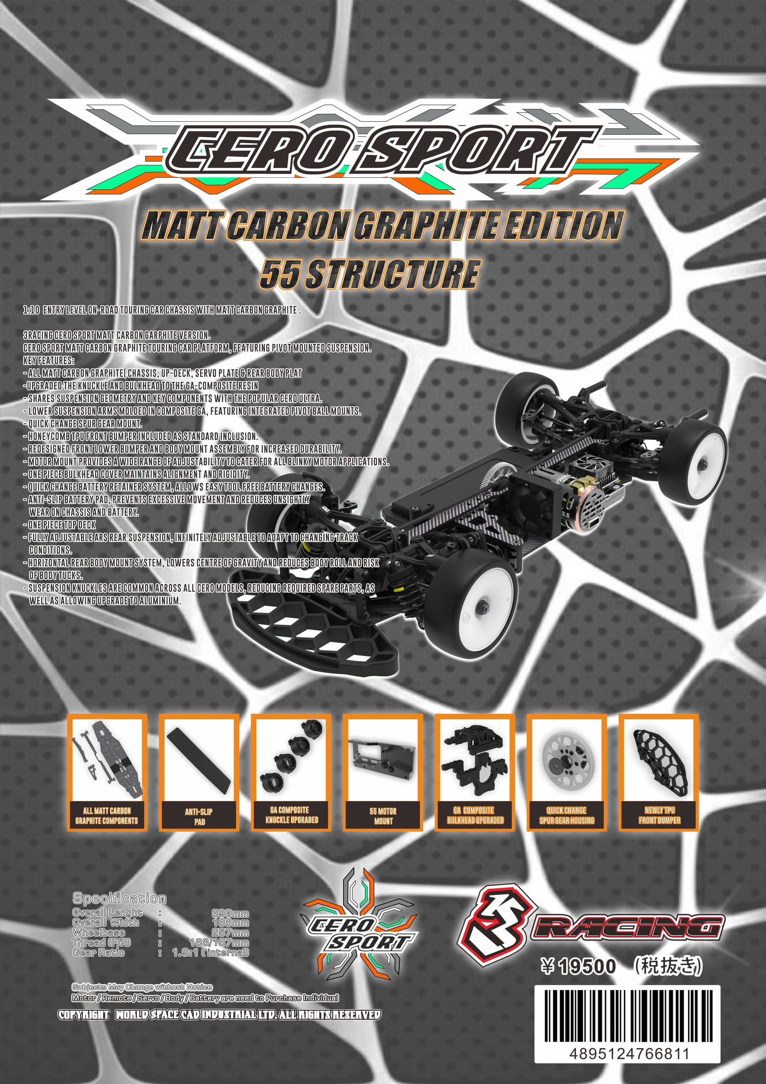 3Racing Cero Sport 55 châssis touring 1/10 graphite mat