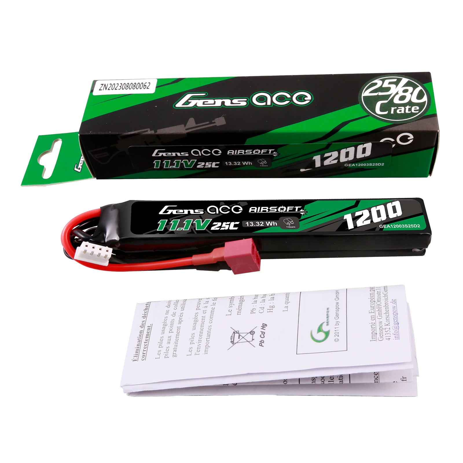 Gens Ace Airsoft 1200mAh 3S 25C batterie LiPo 11.1V Deans saddle