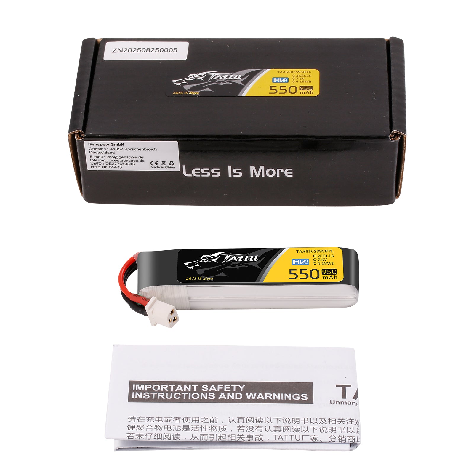 Tattu 550mAh 2S 95C 7,6V batterie LiPo HV BT3.0