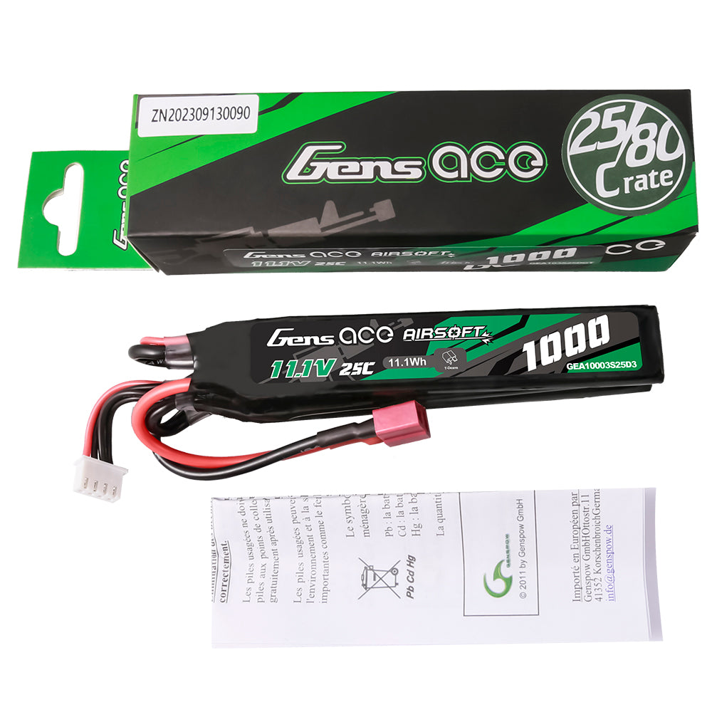 Gens Ace Airsoft 1000mAh 3S batterie LiPo 11.1V 25C Deans