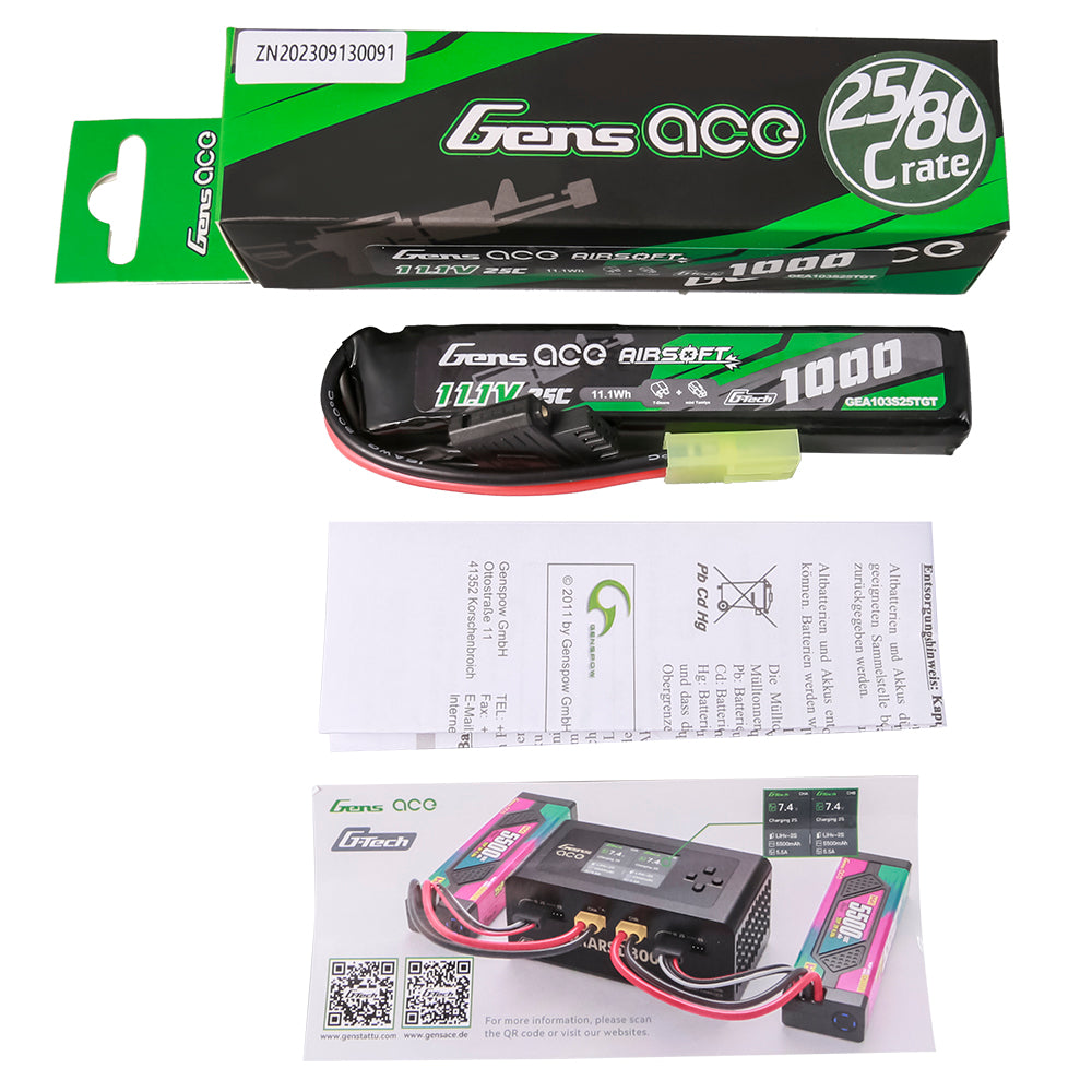 Gens Ace Airsoft 1000mAh 3S 11.1V batterie lipo Tamiya