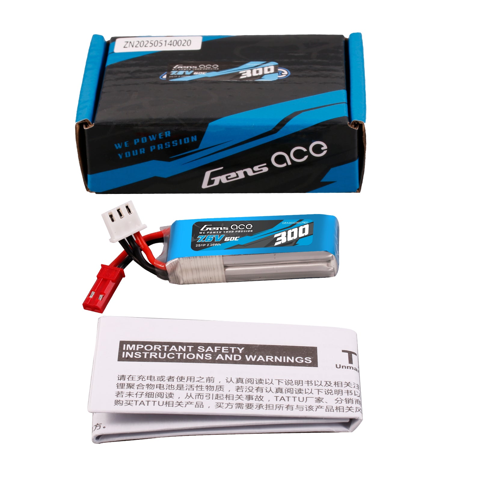 Gens Ace Car Classic 300mAh 2S 60C Batterie Lipo 7.6V HV JST-SYP