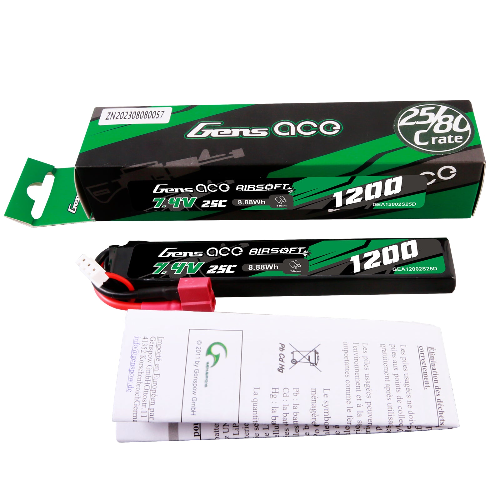 Gens Ace Airsoft 1200mAh 2S 25C batterie LiPo Deans