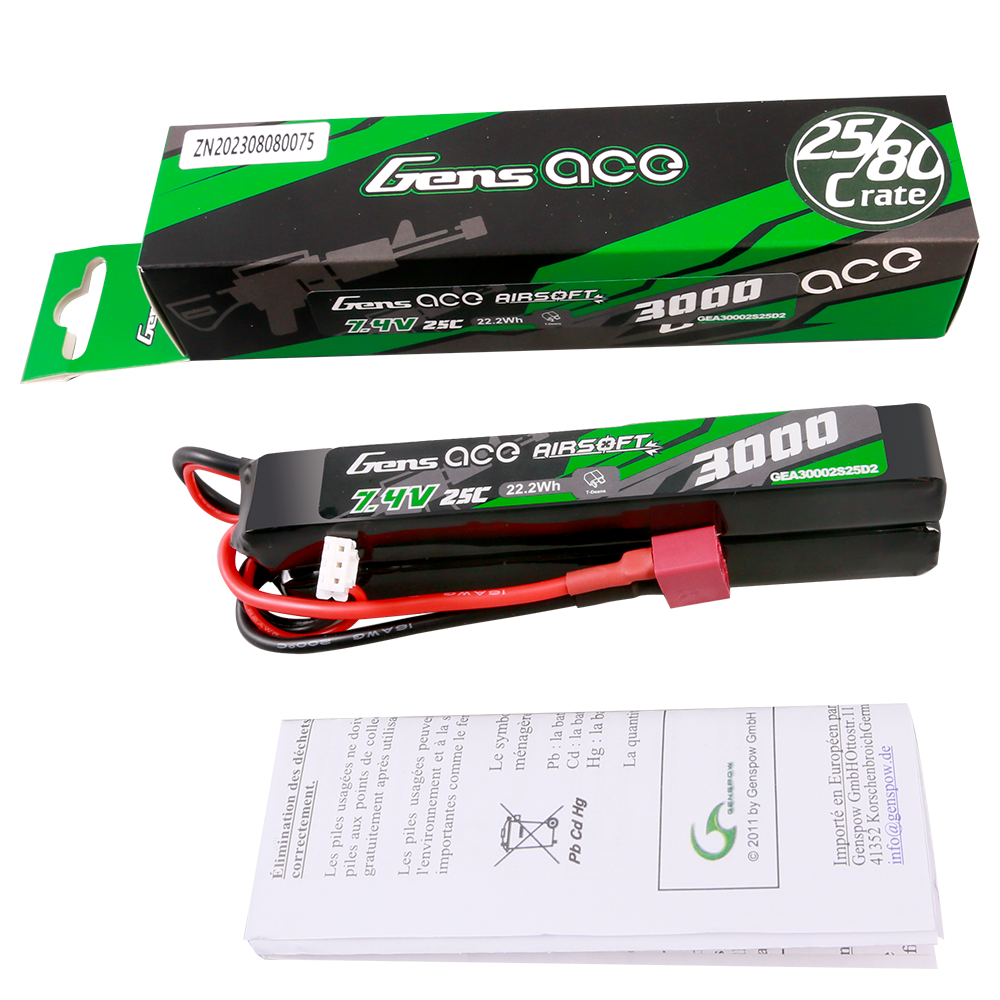 Gens Ace Airsoft 3000mAh 2S 7,4V batterie LiPo Saddle Deans