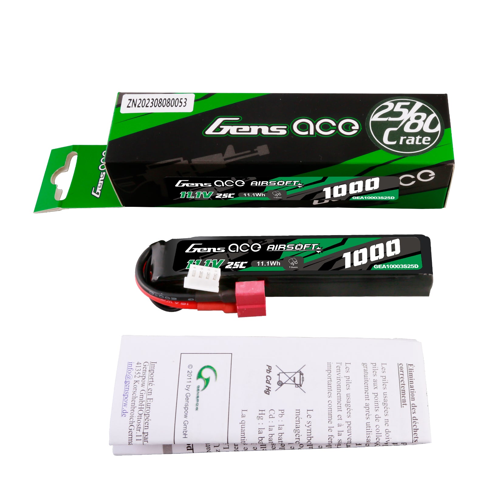 Gens ace 1000mAh 3S batterie airsoft 11,1V T-Plug