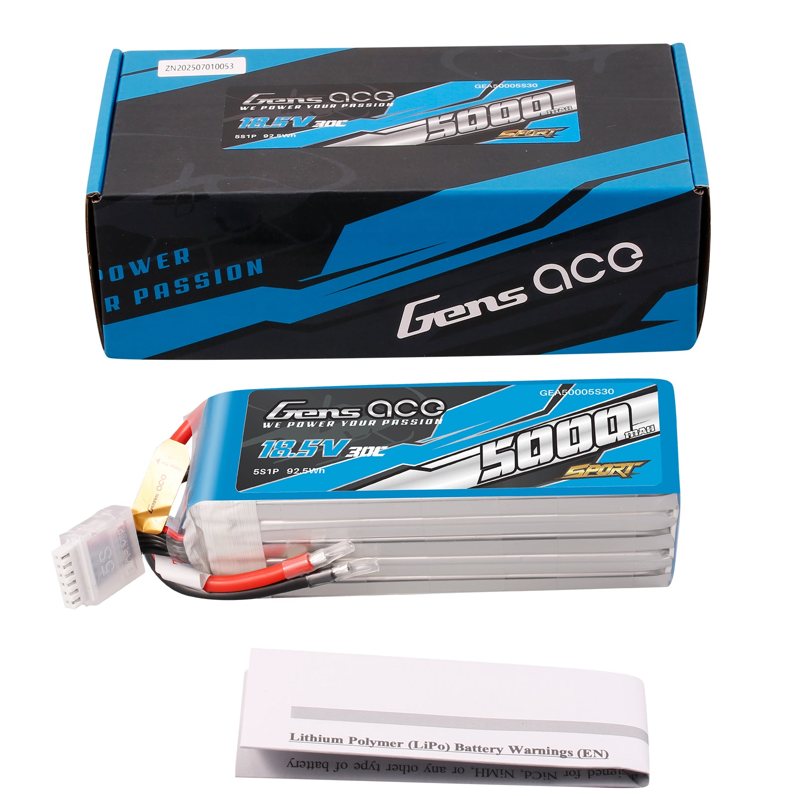 Gens Ace 5000mAh 5S 30C batterie LiPo 18,5V sans prise