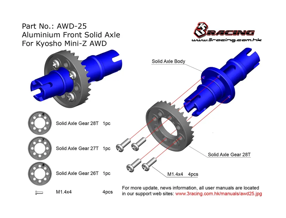 3Racing AWD-25 Axe Avant Rigide Alu Mini-Z AWD