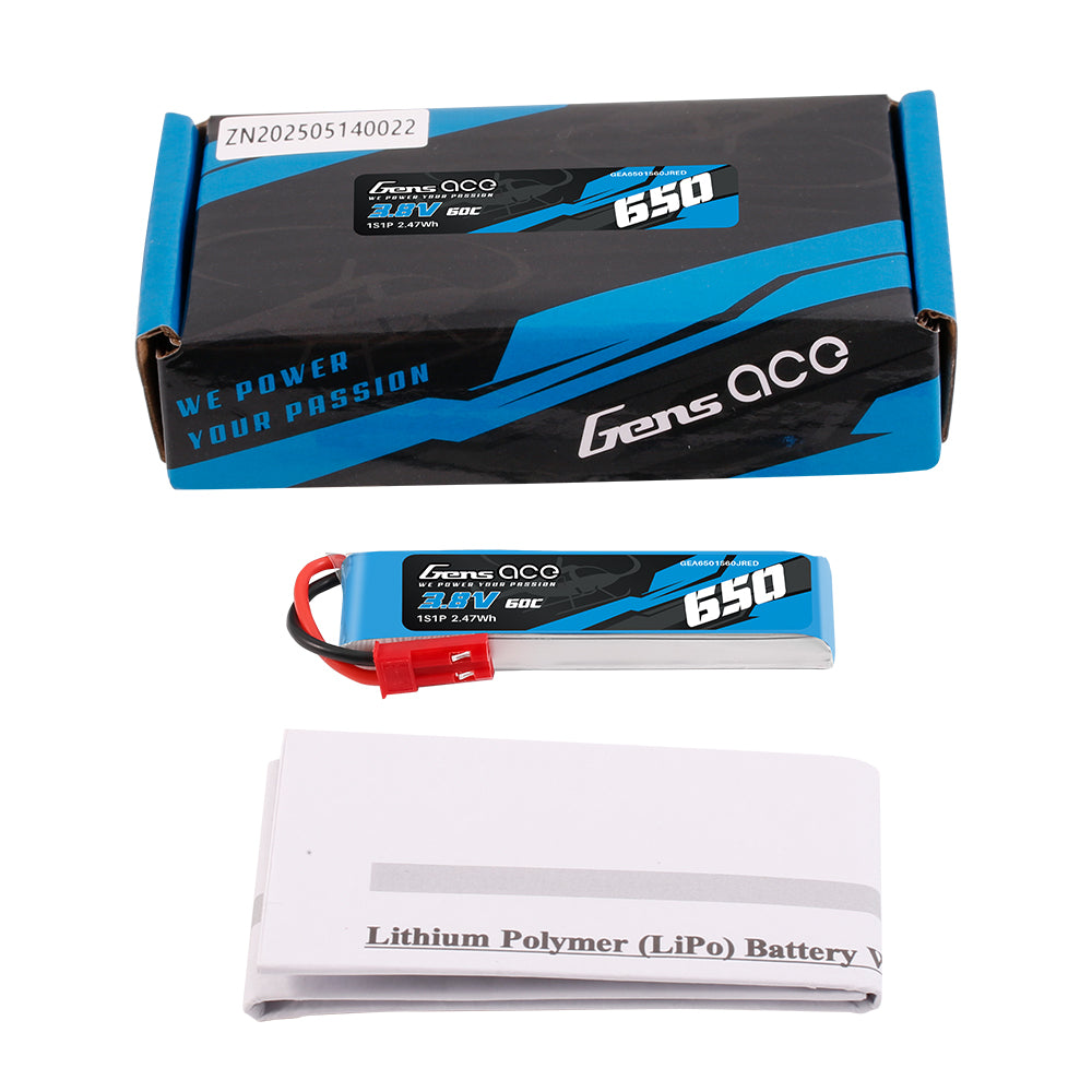 Gens Ace Classic 650mAh 1S batterie LiPo HV 3.8V 60C JST