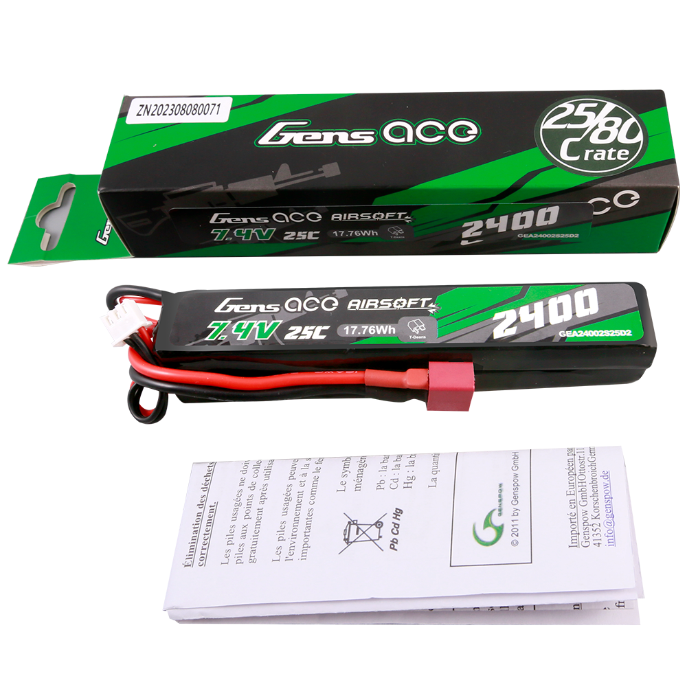 Gens Ace Airsoft 2400mAh 2S 7.4V batterie LiPo Saddle