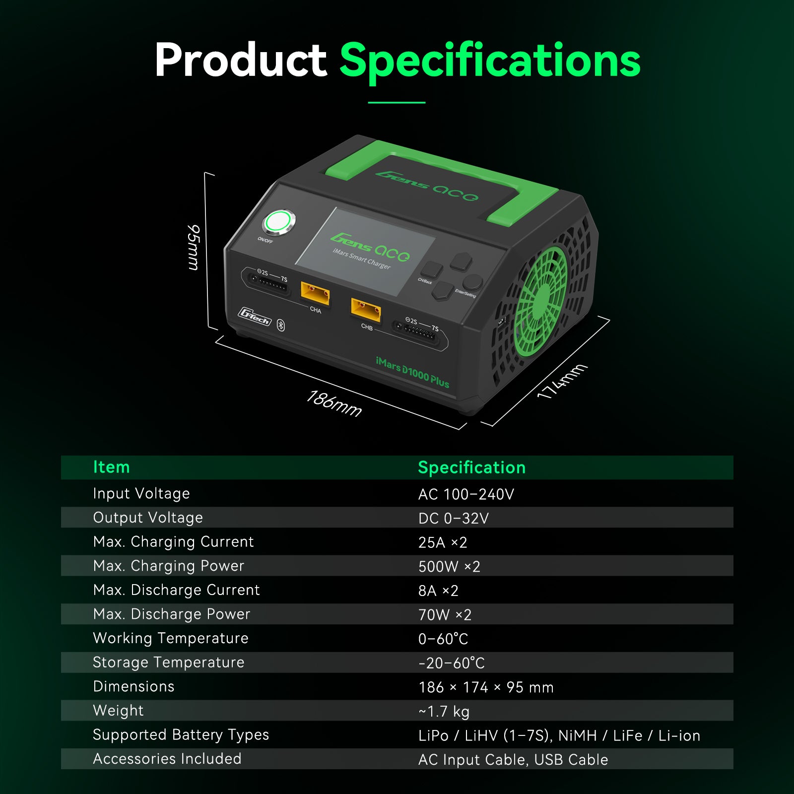 Gens Ace iMars D1000 Plus chargeur LiPo 2x500W 25A